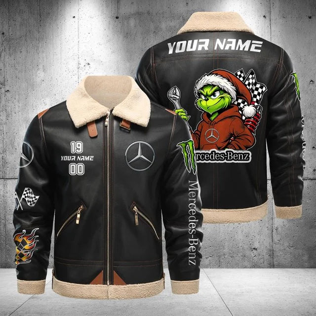 Mercedes-Benz Grinch Shearling Leather Bomber Jacket – Custom Name