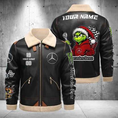 Mercedes-Benz Grinch Shearling Leather Bomber Jacket – Custom Name