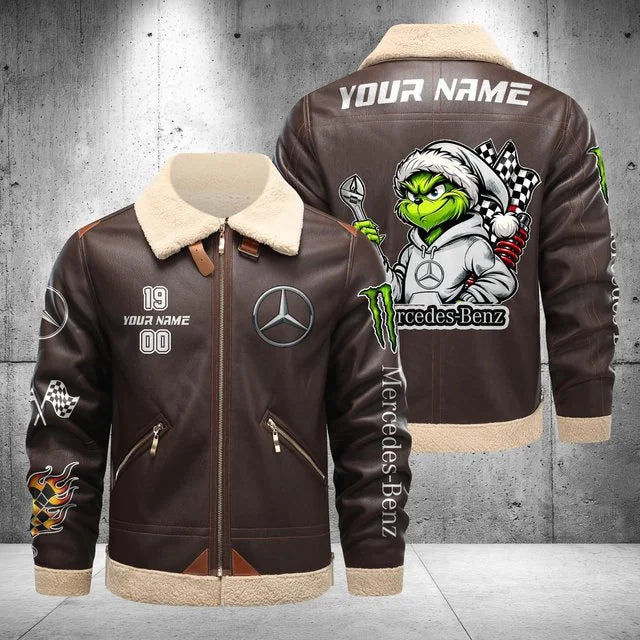Mercedes-Benz Grinch Shearling Leather Bomber Jacket – Custom Name