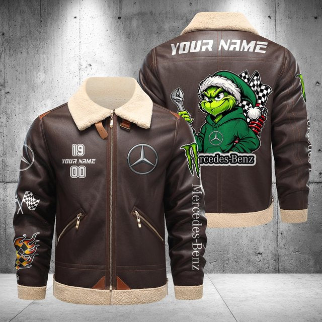 Mercedes-Benz Grinch Shearling Leather Bomber Jacket – Custom Name