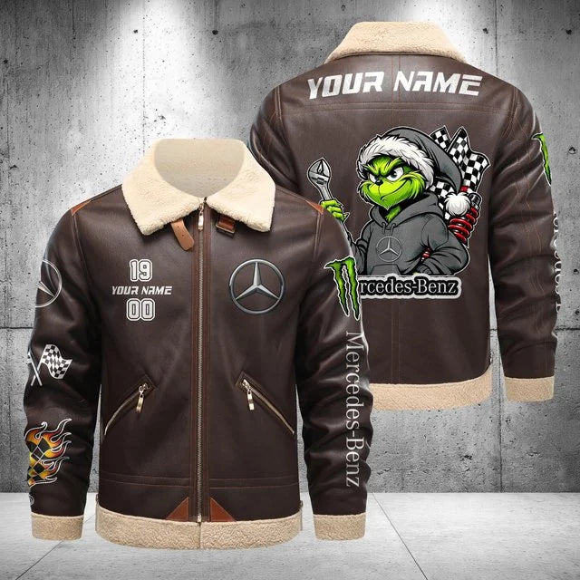 Mercedes-Benz Grinch Shearling Leather Bomber Jacket – Custom Name