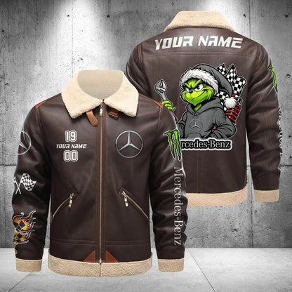 Mercedes-Benz Grinch Shearling Leather Bomber Jacket – Custom Name