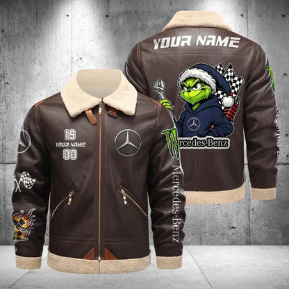 Mercedes-Benz Grinch Shearling Leather Bomber Jacket – Custom Name