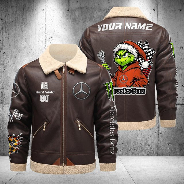 Mercedes-Benz Grinch Shearling Leather Bomber Jacket – Custom Name