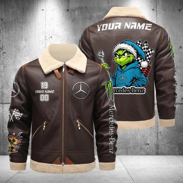 Mercedes-Benz Grinch Shearling Leather Bomber Jacket – Custom Name