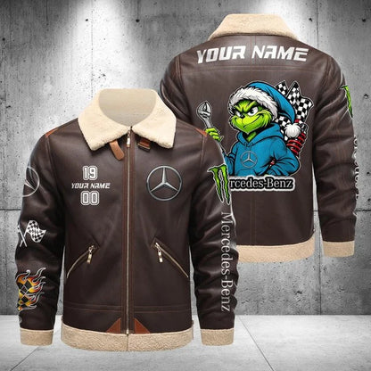 Mercedes-Benz Grinch Shearling Leather Bomber Jacket – Custom Name