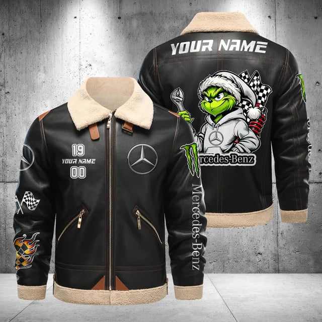 Mercedes-Benz Grinch Shearling Leather Bomber Jacket – Custom Name