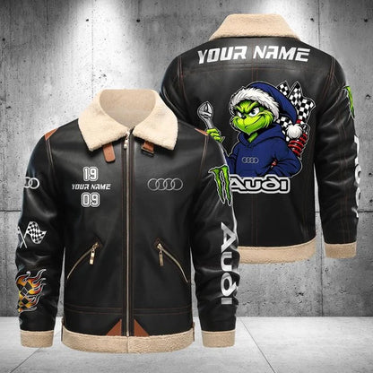 Audi Grinch Shearling Leather Bomber Jacket – Custom Name