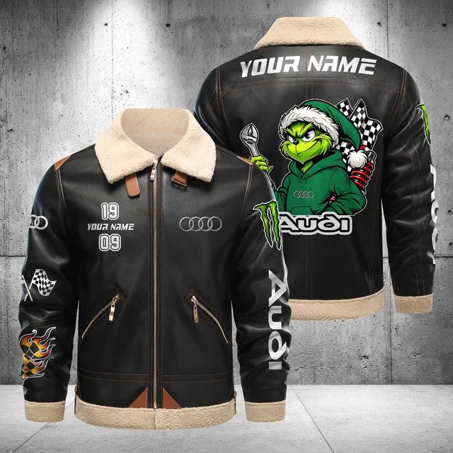 Audi Grinch Shearling Leather Bomber Jacket – Custom Name