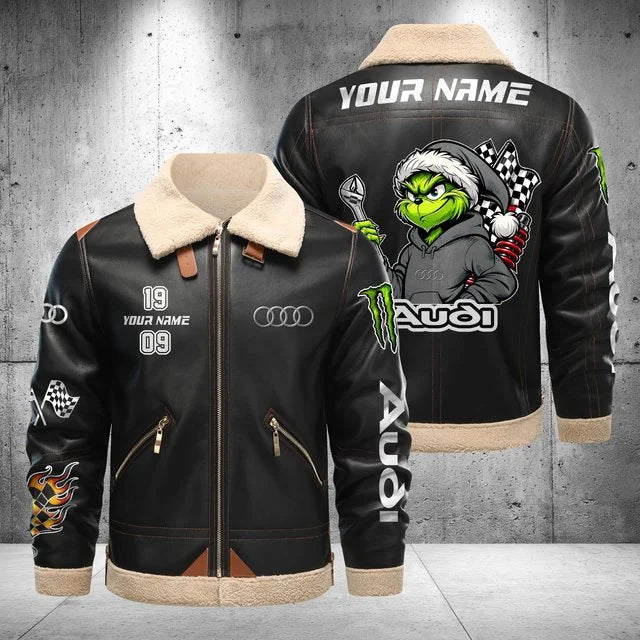 Audi Grinch Shearling Leather Bomber Jacket – Custom Name