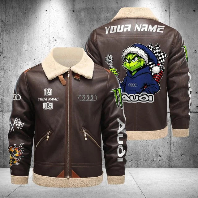 Audi Grinch Shearling Leather Bomber Jacket – Custom Name