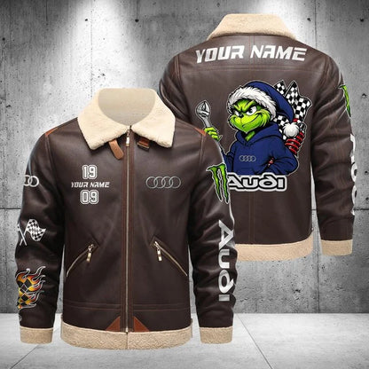Audi Grinch Shearling Leather Bomber Jacket – Custom Name