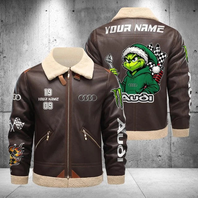 Audi Grinch Shearling Leather Bomber Jacket – Custom Name