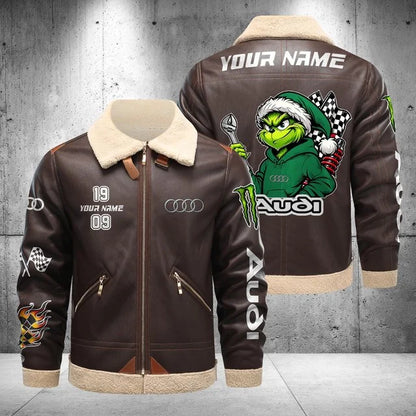 Audi Grinch Shearling Leather Bomber Jacket – Custom Name