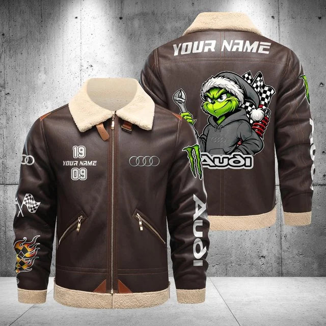 Audi Grinch Shearling Leather Bomber Jacket – Custom Name
