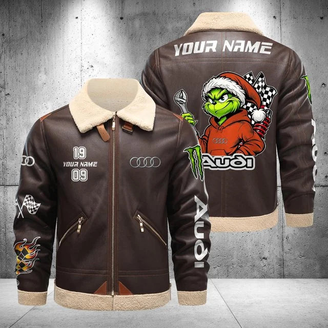 Audi Grinch Shearling Leather Bomber Jacket – Custom Name