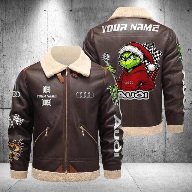 Audi Grinch Shearling Leather Bomber Jacket – Custom Name