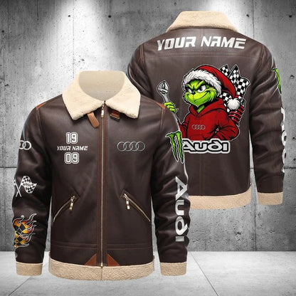 Audi Grinch Shearling Leather Bomber Jacket – Custom Name