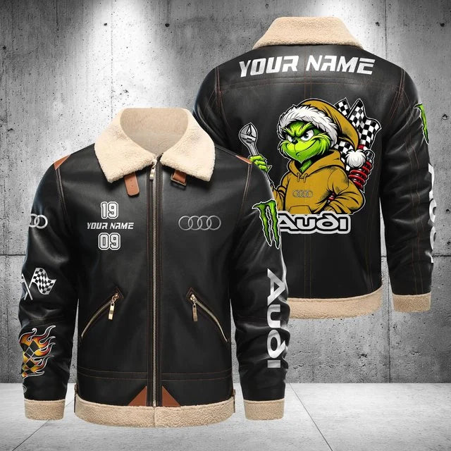 Audi Grinch Shearling Leather Bomber Jacket – Custom Name