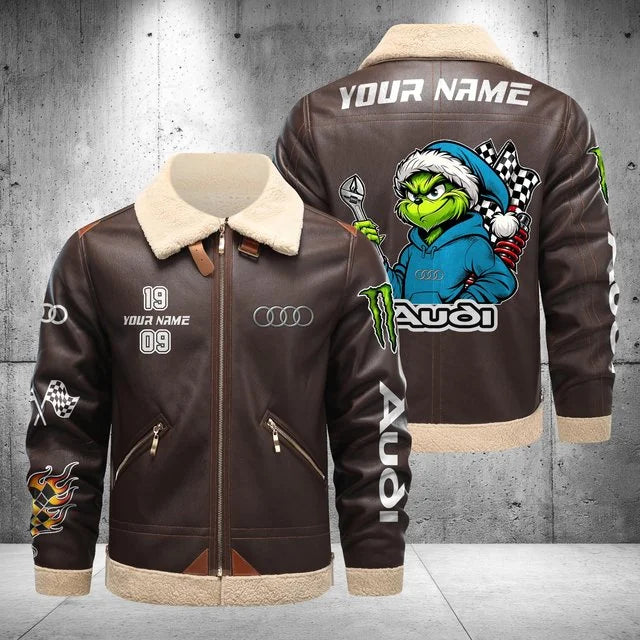 Audi Grinch Shearling Leather Bomber Jacket – Custom Name