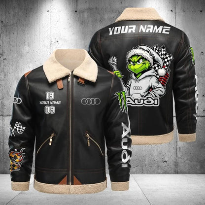 Audi Grinch Shearling Leather Bomber Jacket – Custom Name