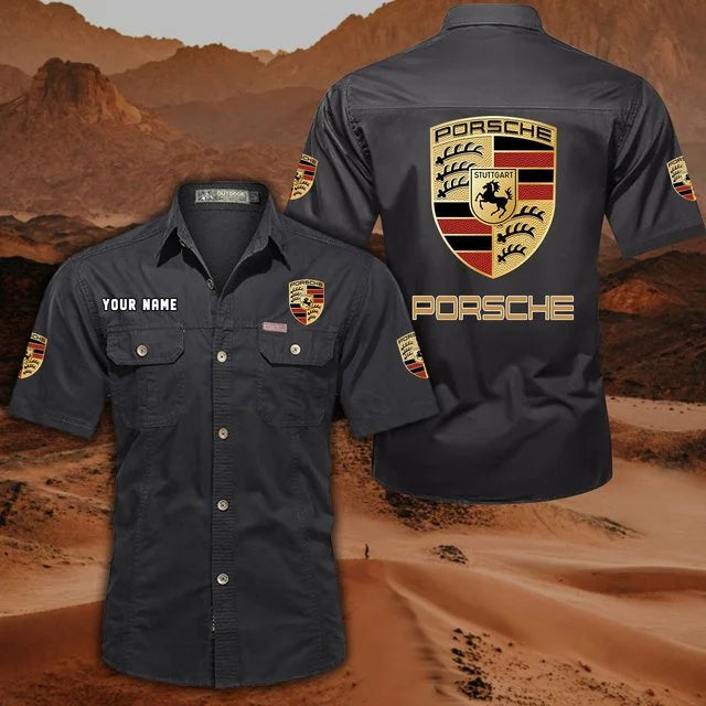 Porsche Custom Name Short Sleeve Button-Up Shirt – Racing Style