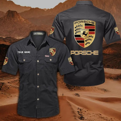 Porsche Custom Name Short Sleeve Button-Up Shirt – Racing Style