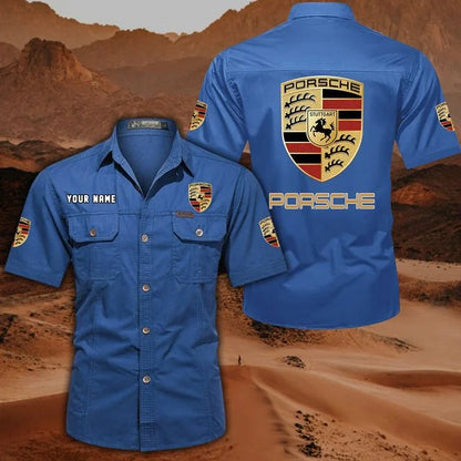 Porsche Custom Name Short Sleeve Button-Up Shirt – Racing Style