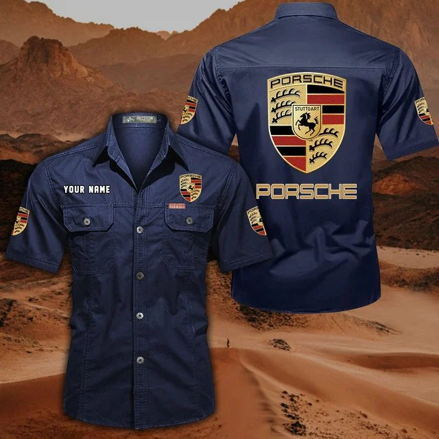 Porsche Custom Name Short Sleeve Button-Up Shirt – Racing Style