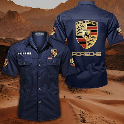 Porsche Custom Name Short Sleeve Button-Up Shirt – Racing Style