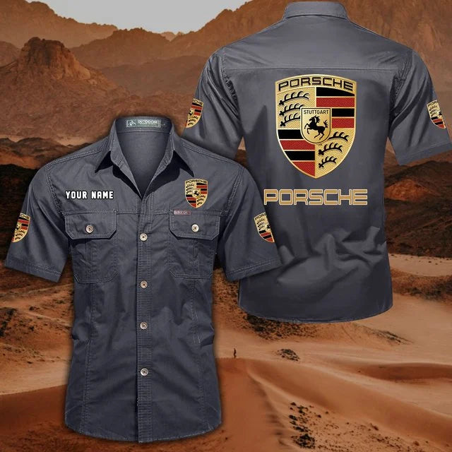 Porsche Custom Name Short Sleeve Button-Up Shirt – Racing Style