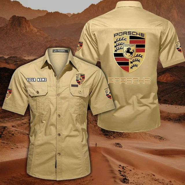 Porsche Custom Name Short Sleeve Button-Up Shirt – Racing Style