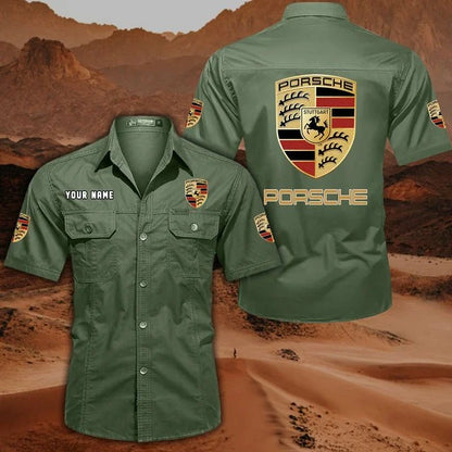 Porsche Custom Name Short Sleeve Button-Up Shirt – Racing Style