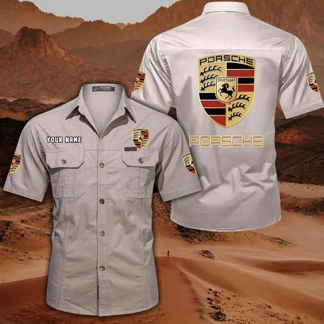 Porsche Custom Name Short Sleeve Button-Up Shirt – Racing Style