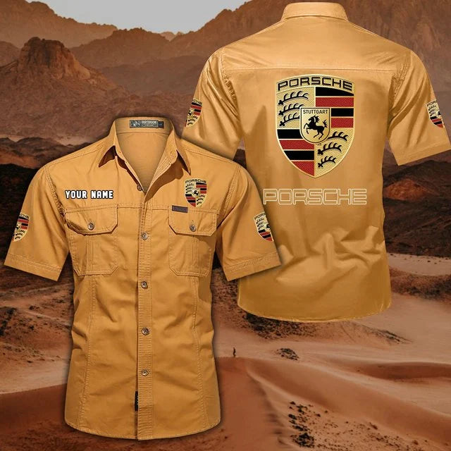 Porsche Custom Name Short Sleeve Button-Up Shirt – Racing Style