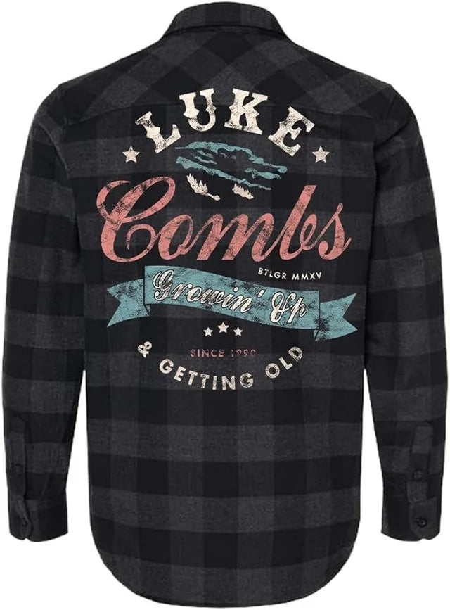 LC Getting Old Spellout Flannel Shirt, Black Plaid