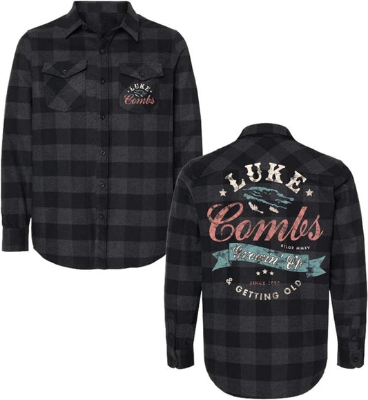 LC Getting Old Spellout Flannel Shirt, Black Plaid