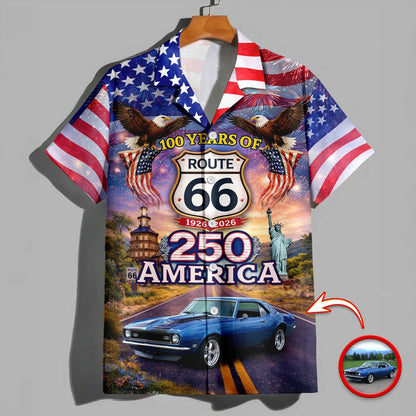 Cowgic Celebrate 100 Years of Road Route 66 and America 250th Anniversary Custom Car Photo Hawaiian Shirt