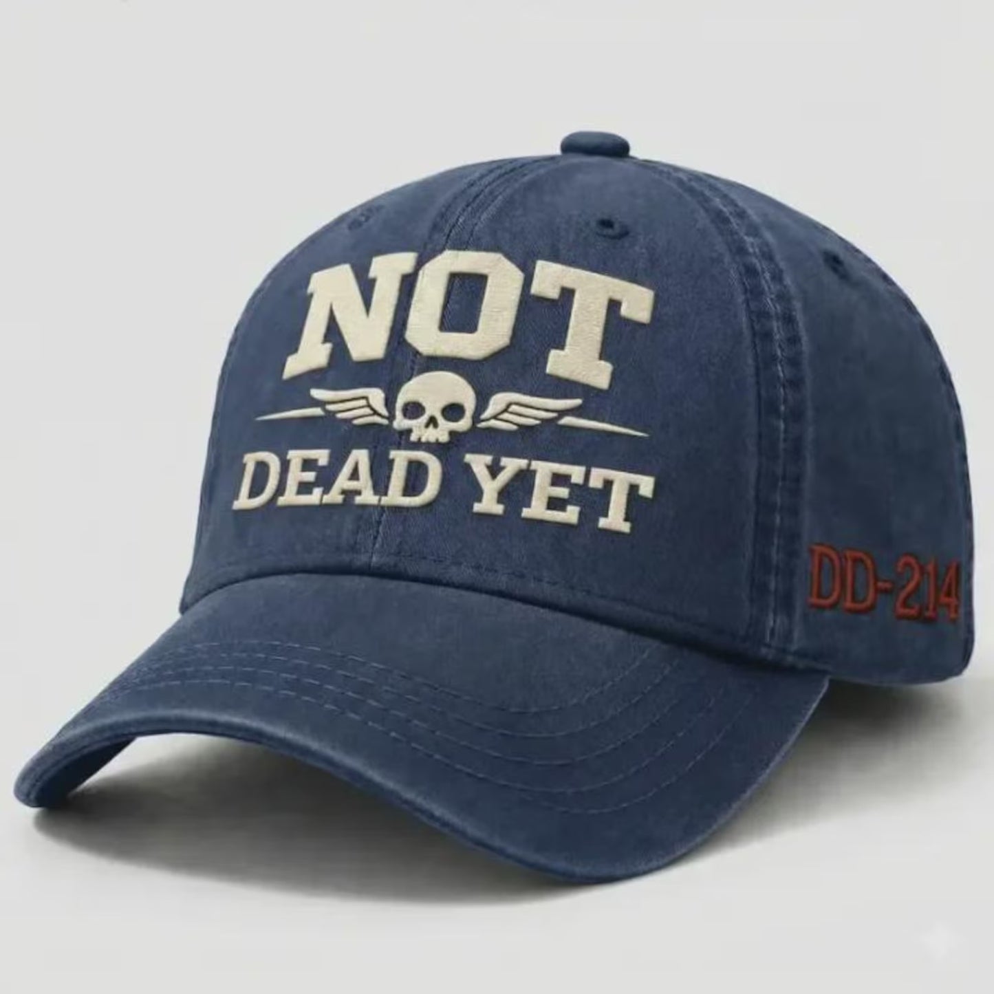 Not Dead Yet Hat, Funny Skull Cap, Vintage Washed Dad Hat, Dark Humor Embroidered Cap, Veteran DD214 Hat, Sarcastic Gift Idea