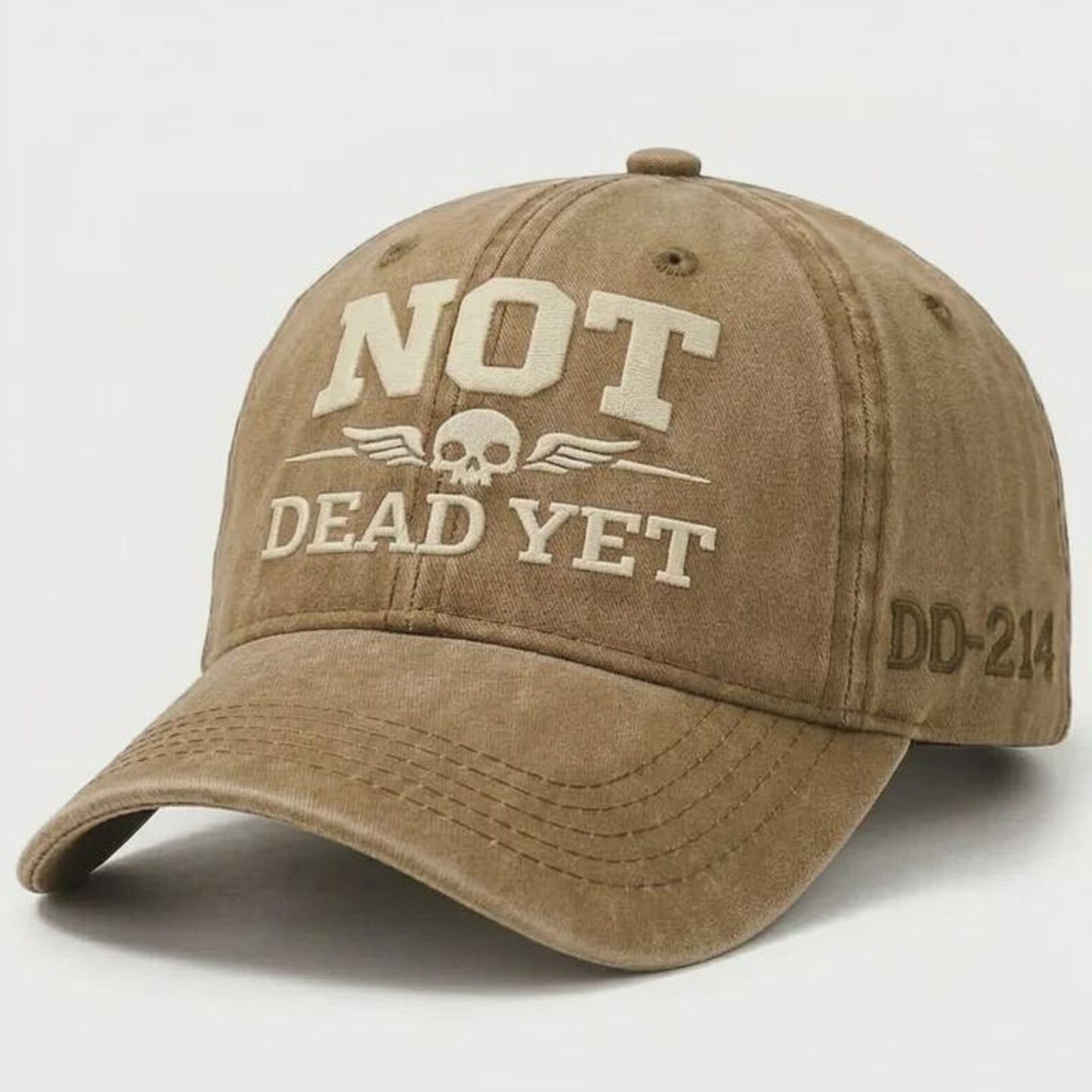 Not Dead Yet Hat, Funny Skull Cap, Vintage Washed Dad Hat, Dark Humor Embroidered Cap, Veteran DD214 Hat, Sarcastic Gift Idea