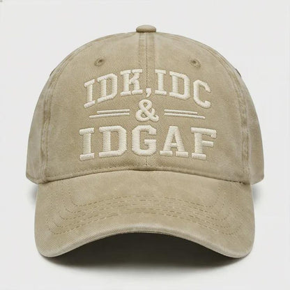 IDK IDC IDGAF Hat, Funny Embroidered Cap, Vintage Washed Dad Hat, Sarcastic Baseball Cap, Funny Gift for Men Women, Casual Streetwear Hat
