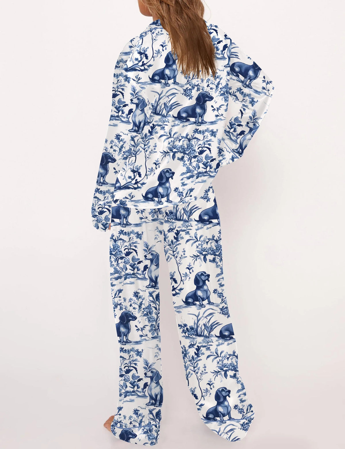 Dachshund Blue Satin Pajama Set For Women