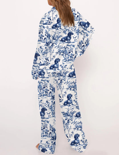 Dachshund Blue Satin Pajama Set For Women