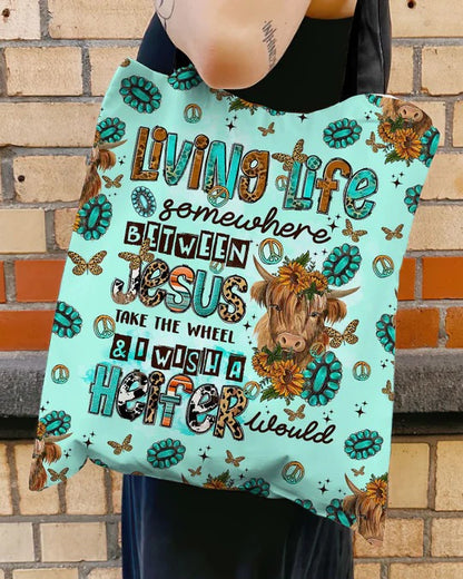 Cowgic Living Life Somewhere Between Jesus Cow Tote Bag