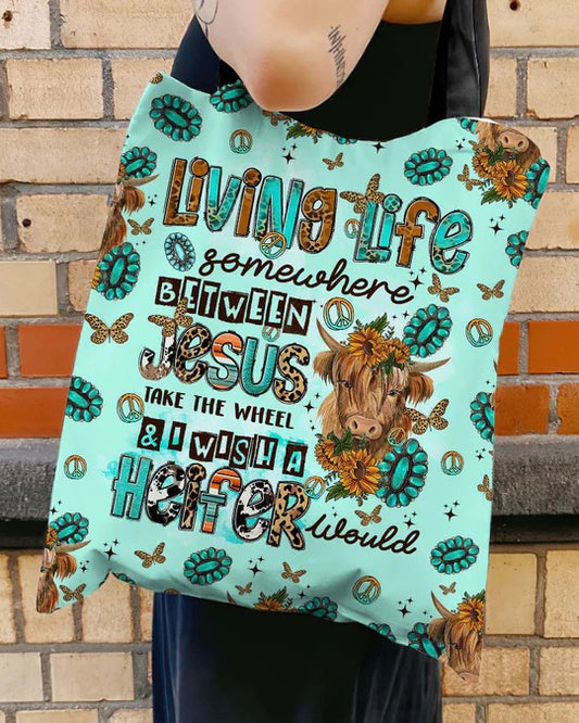 Cowgic Living Life Somewhere Between Jesus Cow Tote Bag