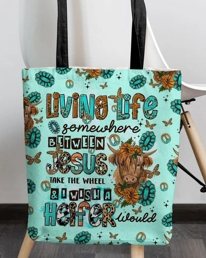 Cowgic Living Life Somewhere Between Jesus Cow Tote Bag